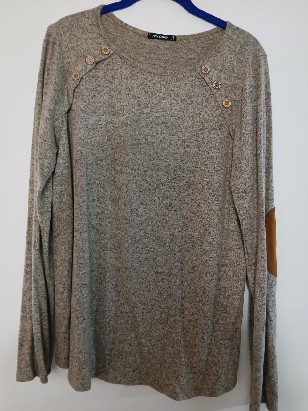 Pink Clover Brown Crewneck Sweater with Button Shoulder Detail